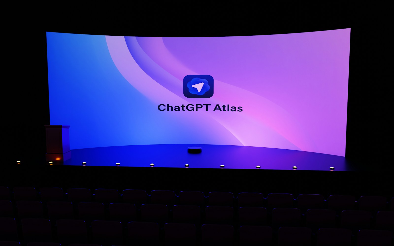 Chatgpt atlas logo displayed on a large screen.